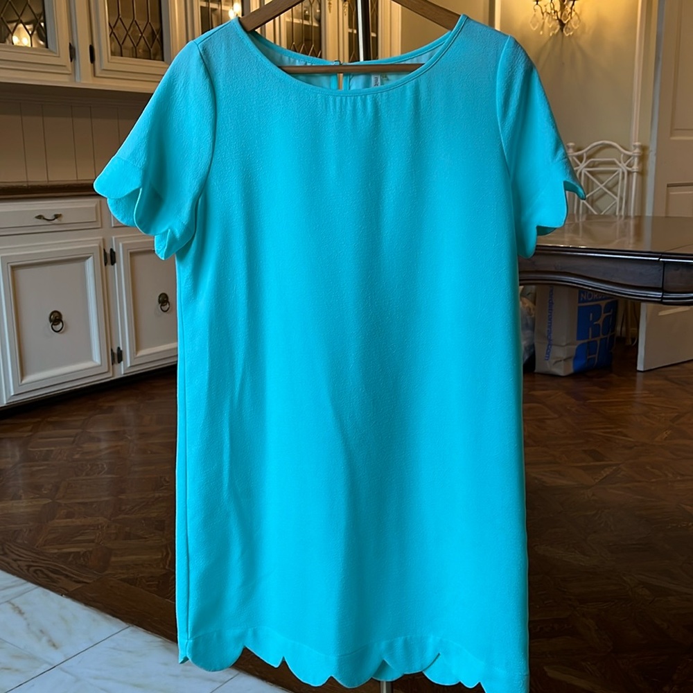 Seafoam Green Mittoshop Mod Dress with Scalloped Trim on Sleeves and Hem Sz L